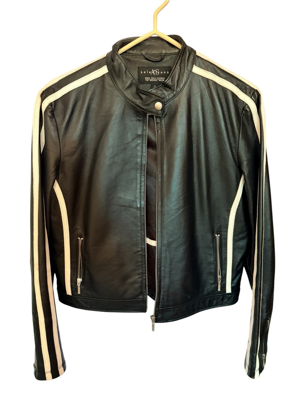A & S Selections Black Leather Motorcycle Jacket with Cream Racing Stripes